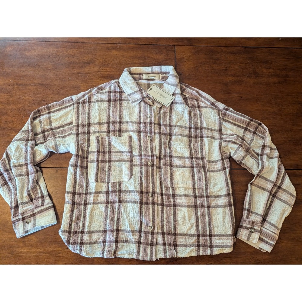 No Comment Women’s Large Pink Beige Cream Plaid Long Sleeve Button Shirt New